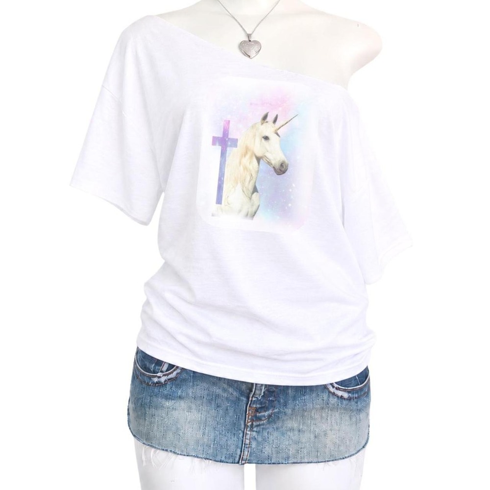 y2k unicorn cross graphic oversized white off shoulder t shirt